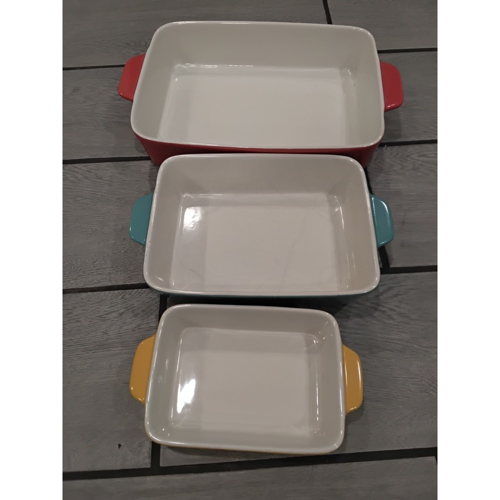 Crate & Barrel Ceramic Nesting Baker Set Red Teal Yellow 3 Piece Casserole Dish